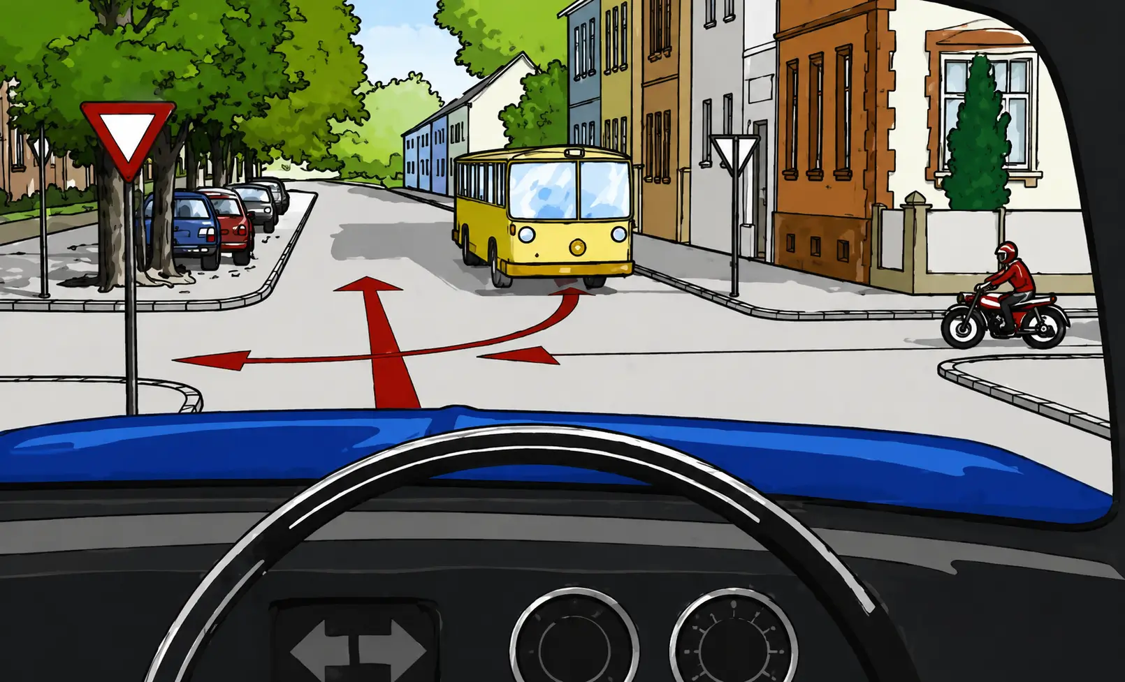 Driver's view at an intersection with a yield sign, a bus with a yield sign on the right turning left and a motorcycle on the right proceeding to the left
